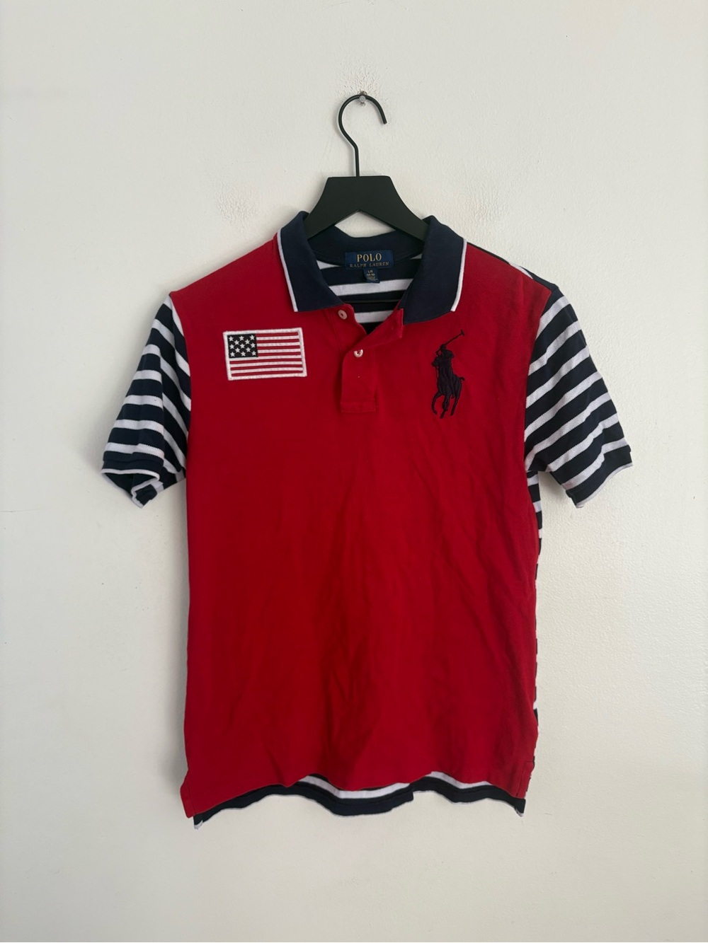 Polo Ralph Lauren Red Blue Striped American Flag Crest Shirt Boys Large 14-16
